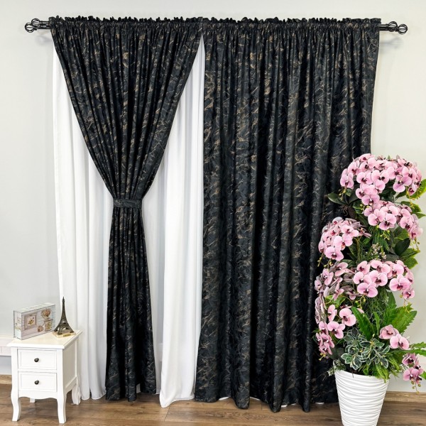 Draperie Catifea MYKONOS cu valuri rafinate aurii, 140cm latime x 260cm înălțime, cu TIV LAT, Negru - V8 [1]