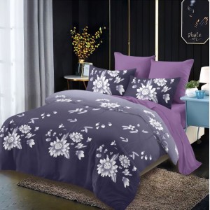 Lenjerie pat dublu,  FINET, cu elastic, 6 piese, Mov, flori Lenjerie pat dublu,  FINET, cu elastic, 6 piese, Mov, flori