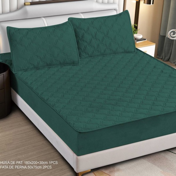 Husă Matlasată Tip Topper din Catifea 180x200cm, cu 2 Fețe de Pernă 50x70cm -  Somn Odihnitor și Susținere pentru Spate, Verde smarald [1]
