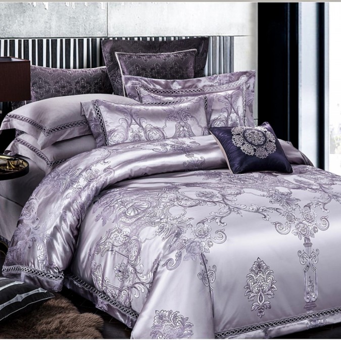 Lenjerie de Pat Dublu, Jacquard Premium Satinat, Set 6 Piese, Calitate Superioară, Luciu Elegant și Confort Desăvârșit, Lila