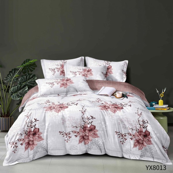 Lenjerie pat 140x200cm,  FINET, cu elastic, 4 piese, Gri, Roz, Flori [1]