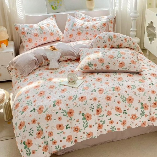 Lenjerie pat 140x200cm,  Soft Touch CREPONAT DELUXE, 4 piese, cu ELASTIC, Grej, flori [1]