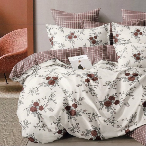 Lenjerie pat dublu,  FINET, 6 piese, Maroniu, flori [1]