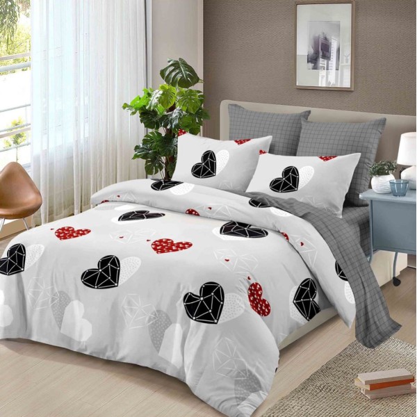 Lenjerie pat dublu,  FINET, cu elastic, 6 piese, Gri, inimioare [1]