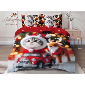 Lenjerie pat dublu, FINET, Digital Print, Craciun, Roșu, Multicolor, pisicuță, mașinuța, ren Lenjerie pat dublu, FINET, Digital Print, Craciun, Roșu, Multicolor, pisicuță, mașinuța, ren