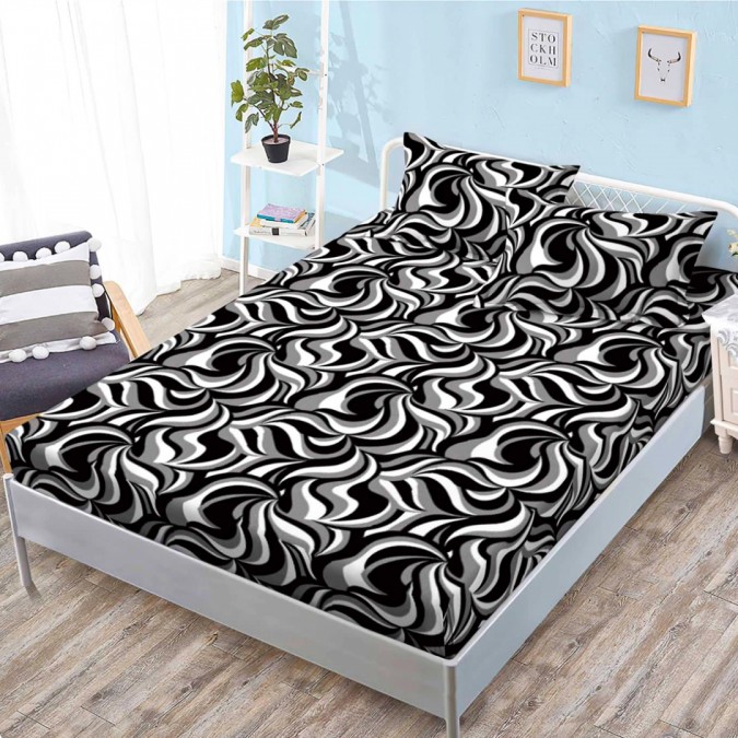 Cearsaf cu elastic Bumbac FINET 160x200cm 2 fete de perne 50x70cm Alb Negru Abstract – confort și eleganță pentru patul tău