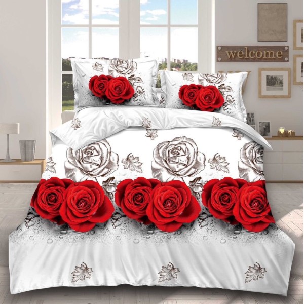 Lenjerie pat dublu (140x200cm, 160x200cm, 180x200cm), cearsaf clasic, imprimeu 3D, Alb-Rosu, trandafiri [1]