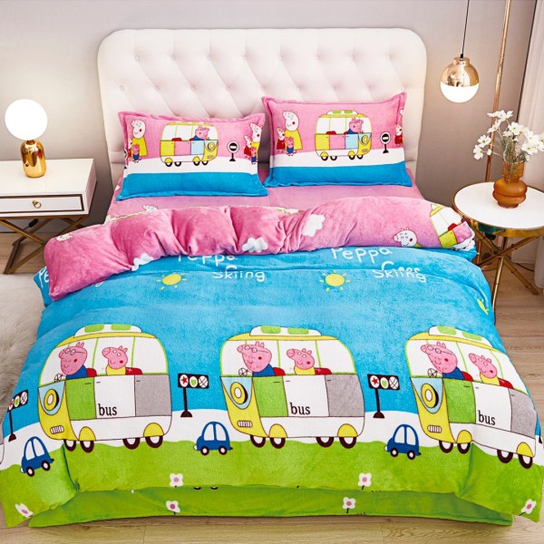 Lenjerie pentru Pat Dublu, Cocolino Premium, 4 Piese – Plușată, Groasă, și Călduroasă, Ideală pentru Iarnă –  Confort Maxim, Antișifonare, Bleu, Roz, Verde, Peppa [1]