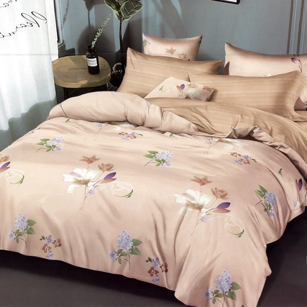 Lenjerie pat dublu,  FINET, 6 piese, Bej, flori [1]