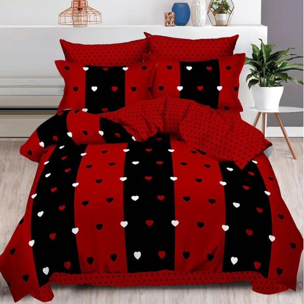 Lenjerie pat dublu (160x200cm, 180x200cm),  FINET, 6 piese, cu ELASTIC, Rosu-Negru, inimioare [1]