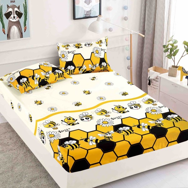 Cearsaf cu elastic, Bumbac FINET, 160/180x200cm, 2 fete de perne 50x70cm, Jojo Home, Galben, flori, albinute [1]
