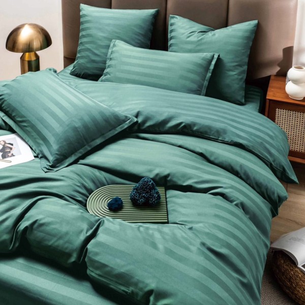 Lenjerie HoReCa DeLuxe, pat dublu, Damasc cu Dunga latã de 3cm, 6 piese, cearșaf cu ELASTIC, Verde Smarald [1]