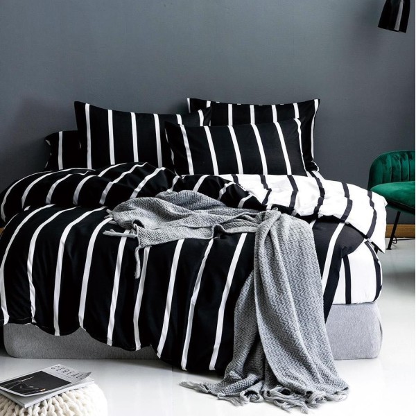 Lenjerie pat dublu (140x200cm, 160x200cm, 180x200cm), bumbac satinat, cearsaf clasic, 4 piese,  Negru, dungi [1]