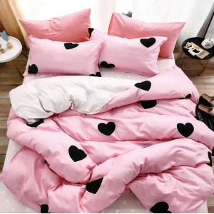 Lenjerie pat dublu (140x200cm, 160x200cm, 180x200cm), bumbac satinat, cearsaf clasic, 4 piese,  Roz, inimioare Lenjerie pat dublu (140x200cm, 160x200cm, 180x200cm), bumbac satinat, cearsaf clasic, 4 piese,  Roz, inimioare