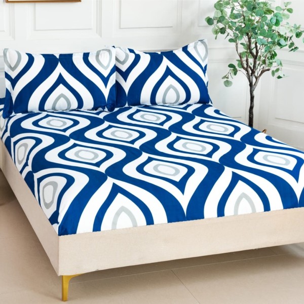 Cearsaf cu elastic, Bumbac Satinat, 160/180x200cm, 2 fete de perne 50x70cm, Albastru, abstract [1]