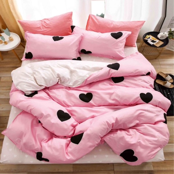 Lenjerie pat 140x200cm, 4 piese, cu ELASTIC,  Roz, inimioare [1]
