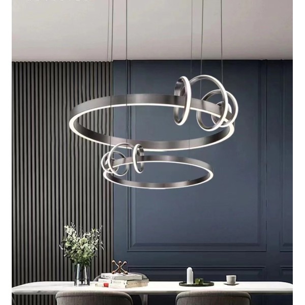 Lustra LED Tip Pendul RFAN, Model R9147/600+400, Cu Telecomanda, 3 Tipuri De Lumina, Inaltime Reglabila, 128W, Gri [1]