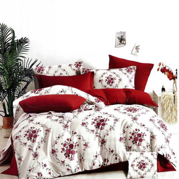 Lenjerie pat dublu,  FINET, 6 piese, Rosu, flori [1]