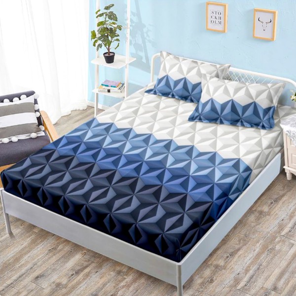 Cearsaf cu elastic, FINET, 160x200cm, 2 fete de perne 50x70cm, Gri, Albastru, Forme Geometrice – confort si eleganta pentru patul tau [1]