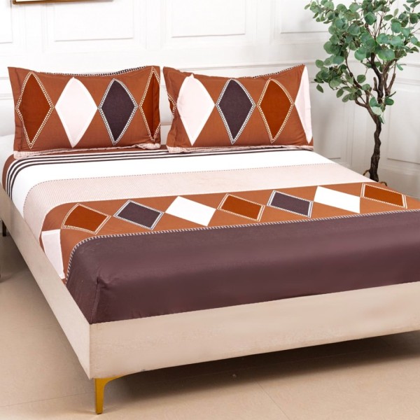 Cearsaf cu elastic, Bumbac Satinat, 160/180x200cm, 2 fete de perne 50x70cm, Maro, romburi [1]