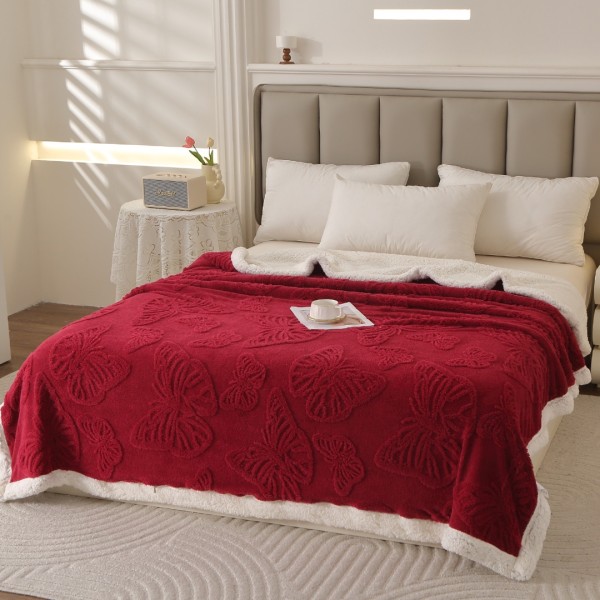 Pătură Super Soft Cocolino cu Blăniță, 200x230 cm – Eleganță și Căldură cu Model 3D în Relief, Fluturi Delicați, Rosu [1]