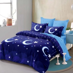 Lenjerie pat dublu,  FINET, cu elastic, 6 piese, Albastru, Alb, Stelute, Luna