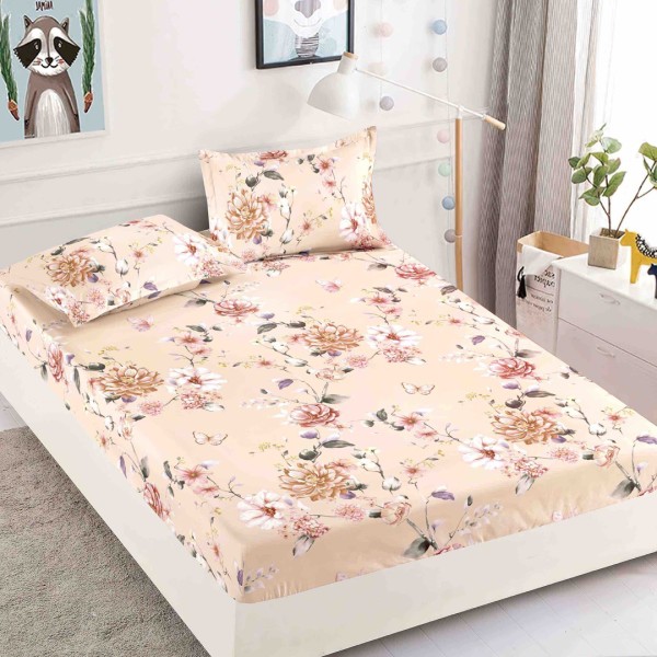 Cearsaf cu elastic, Bumbac FINET, 160/180x200cm, 2 fete de perne 50x70cm, Jojo Home, Bej, flori [1]