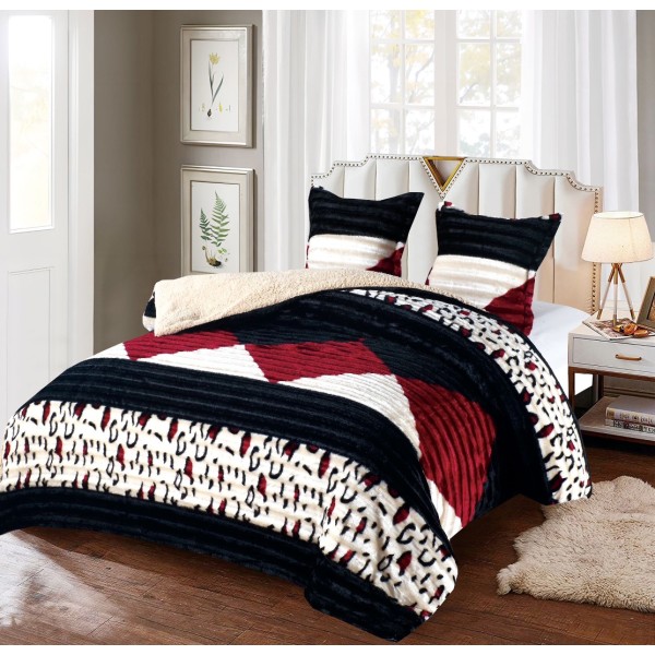 Pilota CoCoLiNo Frizzy cu blanita, matlasata, 200x230cm, cu fete de perna 60x60cm, Rosu, Negru, forme geometrice, animal print [1]