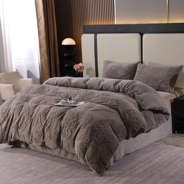 Lenjerie de Pat Dublu, Cocolino Ultra Pufoasă, 4 piese, cu Fluturi 3D – Somn Regal în Confort Absolut, Gri inchis, fluturi [1]