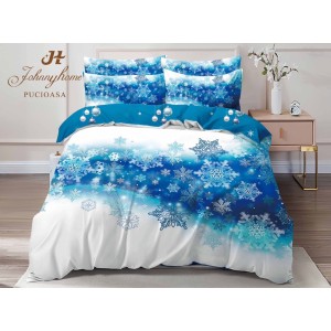 Lenjerie pat dublu, FINET, Digital Print, Craciun, Alb, Bleu, fulgi de nea Lenjerie pat dublu, FINET, Digital Print, Craciun, Alb, Bleu, fulgi de nea