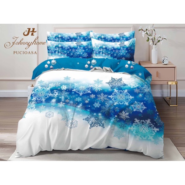 Lenjerie pat dublu,  FINET, Digital Print, Craciun, Alb, Bleu, fulgi de nea [1]