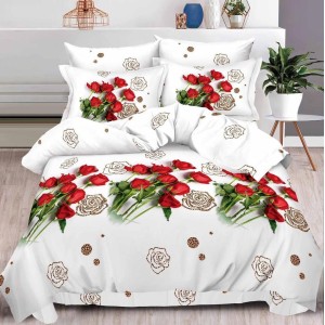 Lenjerie pat dublu, 6 PIESE, IMPRIMEU 3D Multiplicat, Alb-Rosu, trandafiri