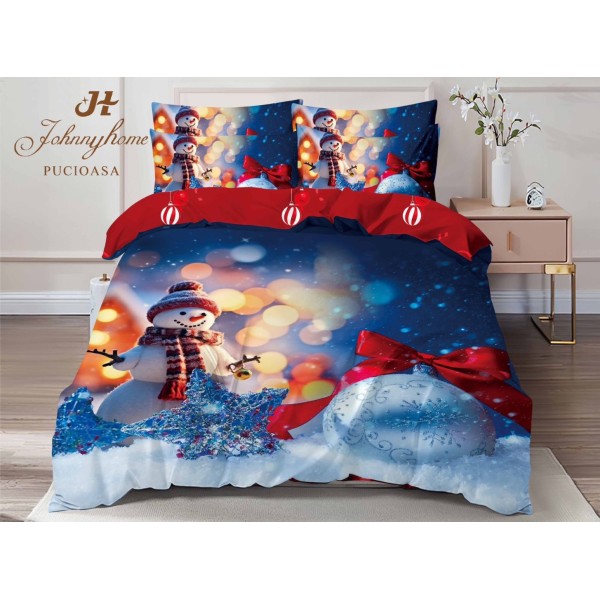 Lenjerie pat dublu,  FINET, Digital Print, Craciun, Albastru, om de zapada [1]