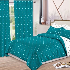 Set Lenjerie pat dublu + 2 draperii, finet, 8 piese, Turquoise, Alb, stelute