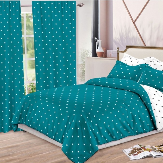 Lenjerie pat dublu   FINET  8 piese  cu 2 DRAPERII INCLUSE  Turquoise  Alb  stelute