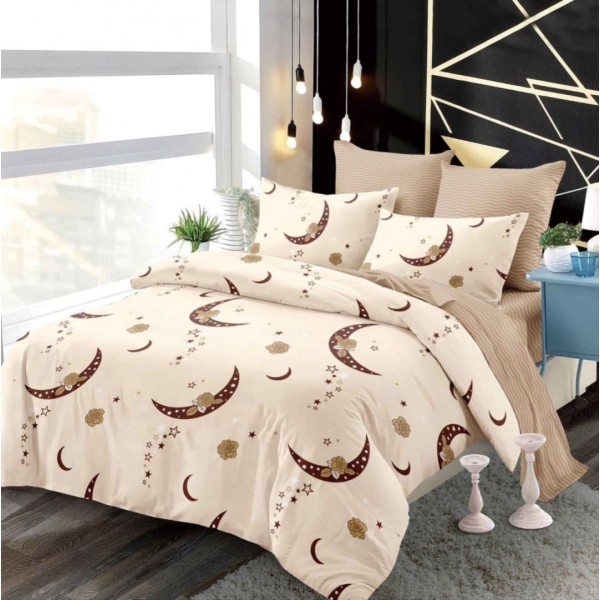Lenjerie pat dublu,  FINET, cu elastic, 6 piese, Crem, Bej, Luna, Stele [1]