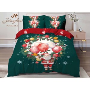 Lenjerie pat dublu,  FINET, Digital Print, Craciun, Verde, Rosu, Moș Crăciun, coroniță de brad Lenjerie pat dublu,  FINET, Digital Print, Craciun, Verde, Rosu, Moș Crăciun, coroniță de brad