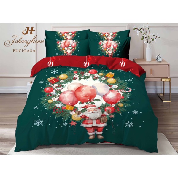 Lenjerie pat dublu,  FINET, Digital Print, Craciun, Verde, Rosu, Moș Crăciun, coroniță de brad [1]