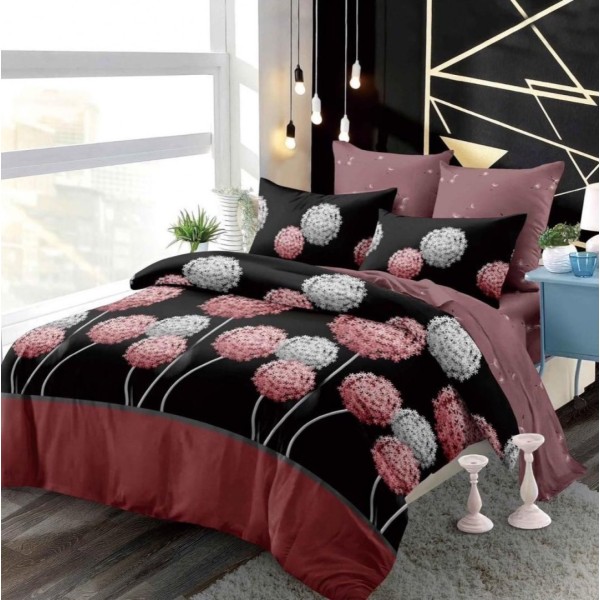Lenjerie pat dublu,  FINET, cu elastic, 6 piese, Negru, Rosu, papadii [1]