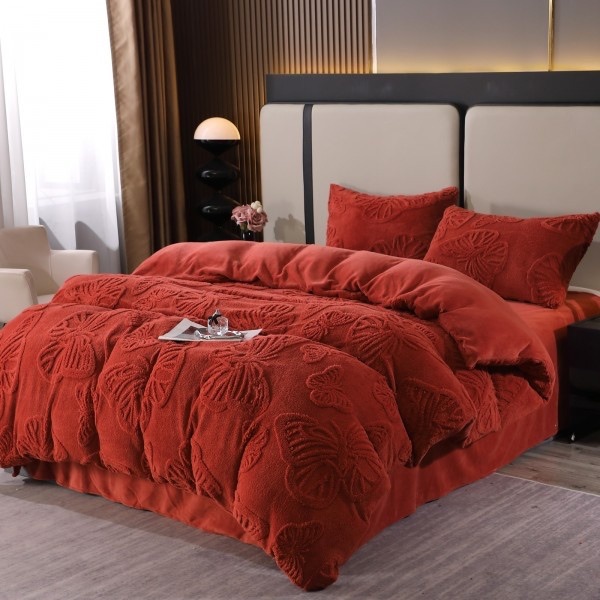 Lenjerie de Pat Dublu, Cocolino Ultra Pufoasă, 4 piese, cu Fluturi 3D – Somn Regal în Confort Absolut, Caramiziu, fluturi [1]