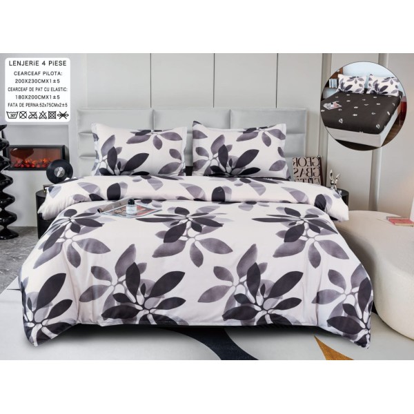 Lenjerie pat dublu, bumbac satinat,  Cearsaf cu ELASTIC 180x200cm, 4 PIESE, Alb, Gri, frunze [1]