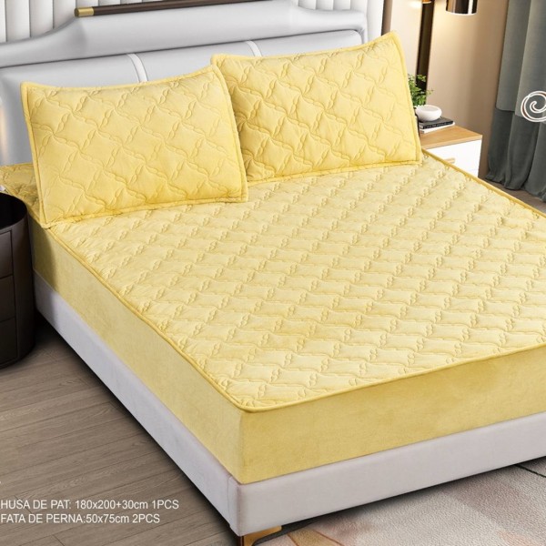 Husă Matlasată Tip Topper din Catifea 180x200cm, cu 2 Fețe de Pernă 50x70cm -  Somn Odihnitor și Susținere pentru Spate, Galben [1]