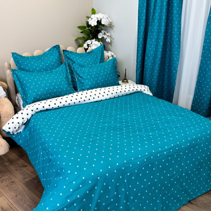 Lenjerie pat dublu, BUMBAC FINET, 8 piese, cu 2 DRAPERII INCLUSE, Turquoise, Alb, stelute