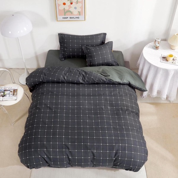 Lenjerie pat 140x200cm,  FINET, 4 piese, cu ELASTIC, Gri, patratele [1]