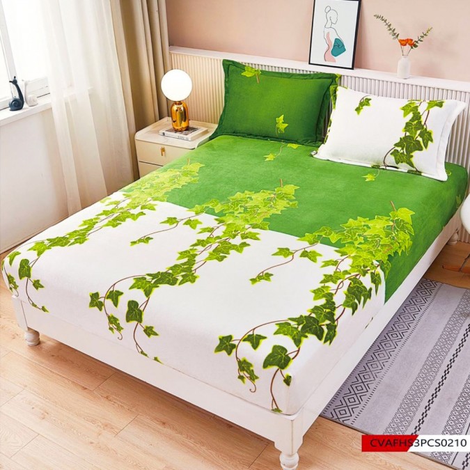 Cearșaf cu Elastic Cocolino 180x200x25 cm – Set cu 2 Fețe de Pernă  Gros și Pufos  Calitate Premium pentru Confort și Eleganță  Alb  Verde  frunze