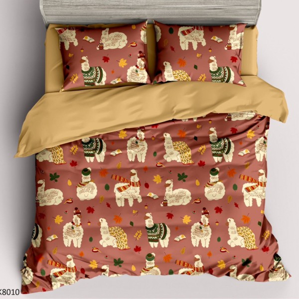 Lenjerie pat Single, BUMBAC 100% Percal, cu 2 Fețe, 4 piese, Maro, Galben, Animale Sălbatice, Frunze [1]