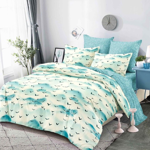 Lenjerie pat dublu,  FINET, cu elastic, 6 piese, Crem, Bleu, Stol de pasari [1]