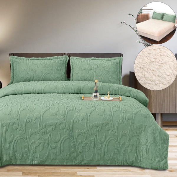 Lenjerie de pat dublu, Luxoasa si Super Pufoasa CoCoLiNo 3D, cu Blanita Sherpa, 4 Piese, Cearsaf cu Elastic – Microfibra Plusata, Caldura si Stil pentru Dormitorul Tau, Floral print, Verde salvie [1]