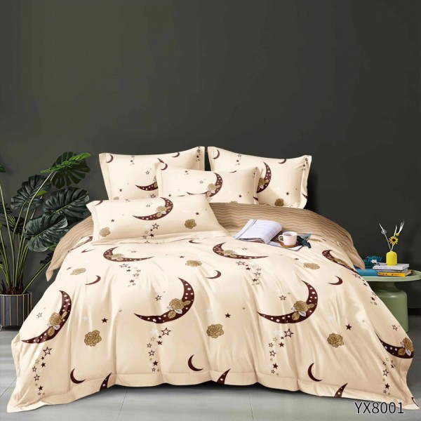 Lenjerie pat 140x200cm,  FINET, cu elastic, 4 piese, Bej, Maro, Luna, Stele, Trandafiri [1]