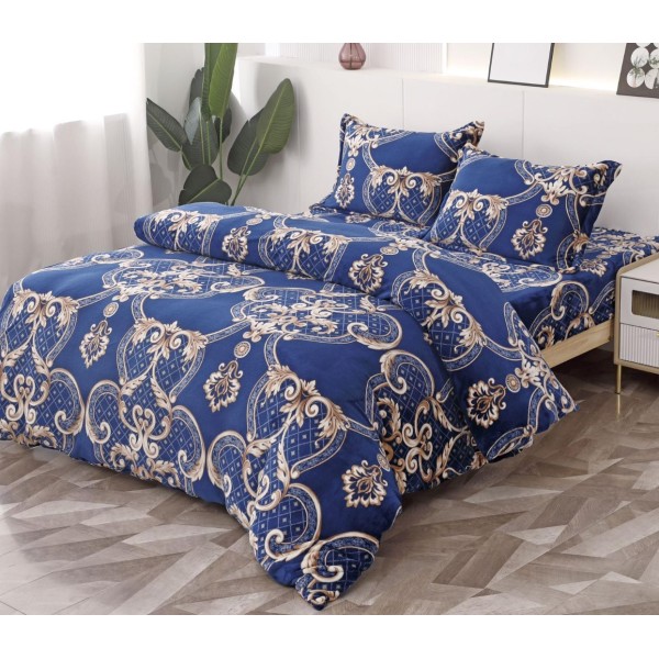 Lenjerie pat dublu, Super Pufoasa COCOLINO, 4 piese, cu ELASTIC, Albastru, Bej, model elegant [1]